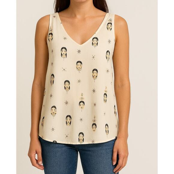 Johnny Was V Neck Sleeveless Faces Print Tank Top White Small - Picture 1 of 6